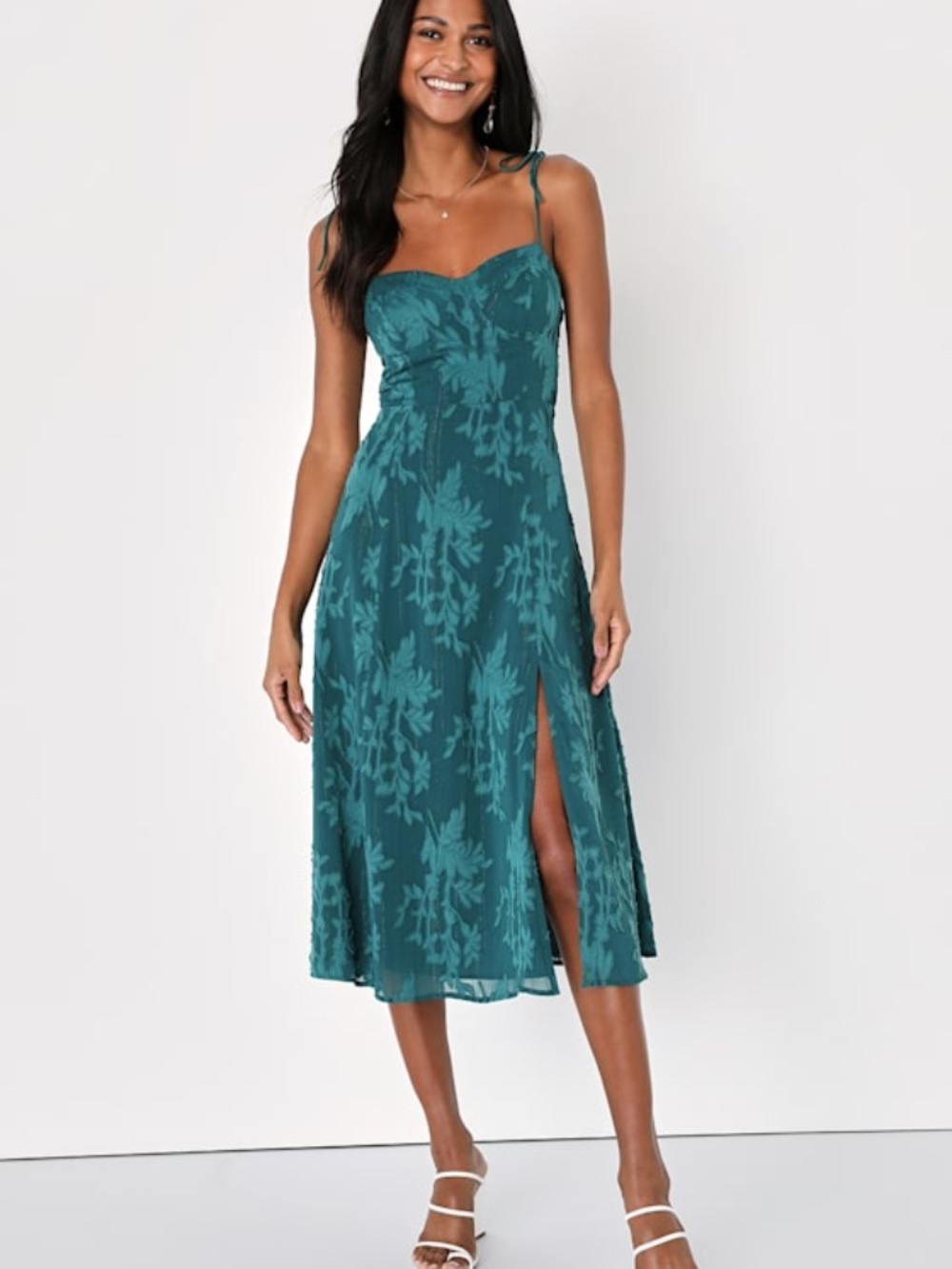 Lulus Loveliest Looks Emerald Green Jacquard Tie-strap Midi Dress - Size L